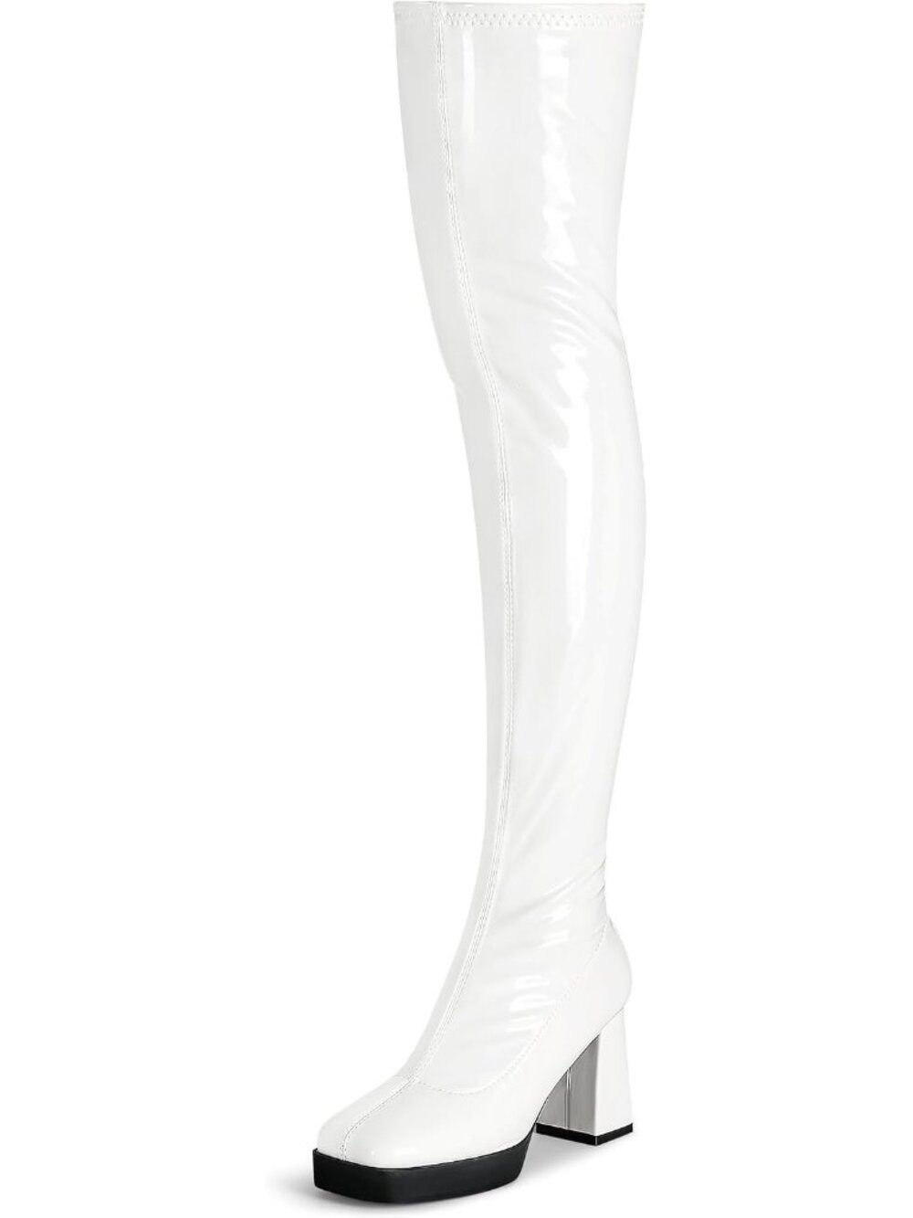 Women's White Patent Leather PU Square Toe Chunky Heel Stretch Boots